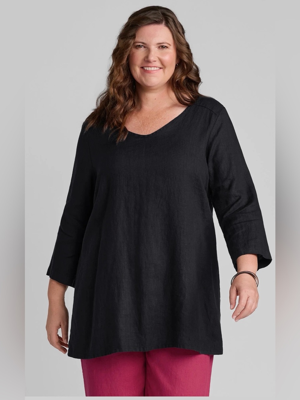 FLAX Light Soft 100% Linen V-Neck 3/4Sleeve Pullover Top Black Size M